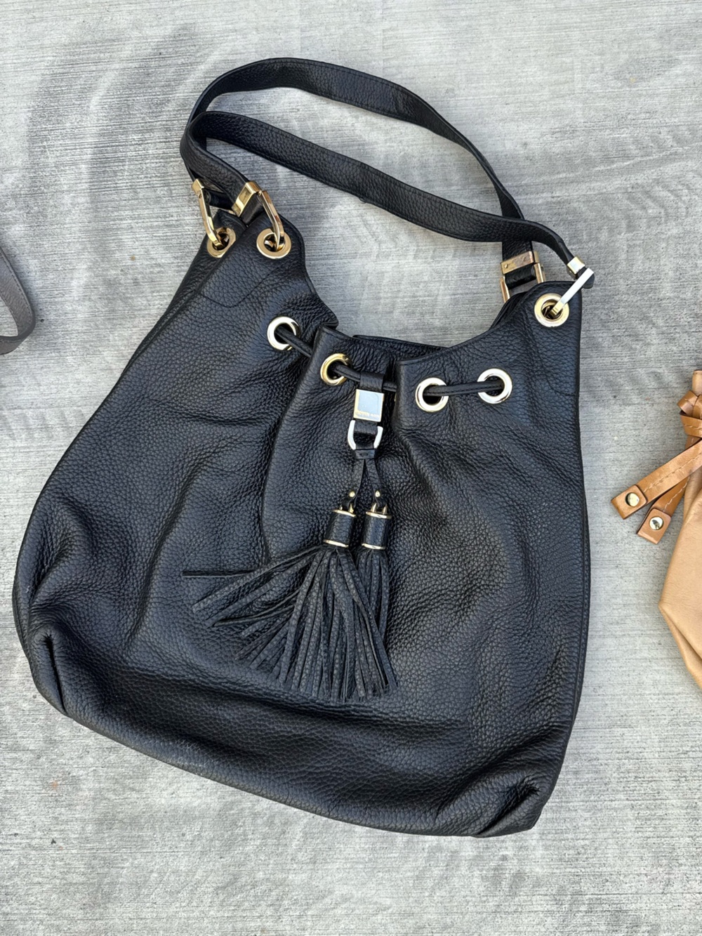 Michael Kors Black Pebbled Leather Tassel Drawstring Shoulder Bag